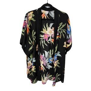 Kona Sol tropical floral palm leaf black kimono swim cover up l/xl boho pool